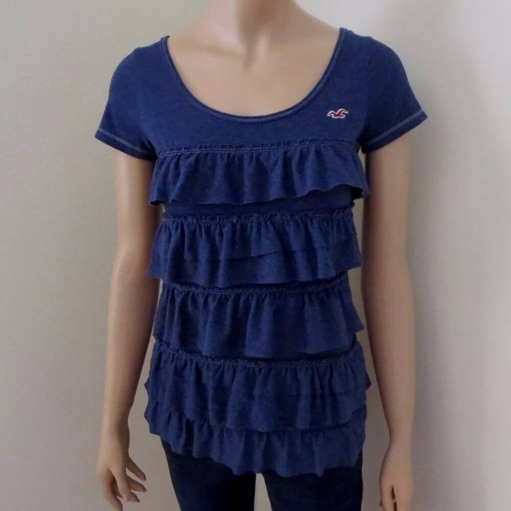 NEW Hollister Women Top Shirt Size XS Ruffles Navy Blue Short Sleeves